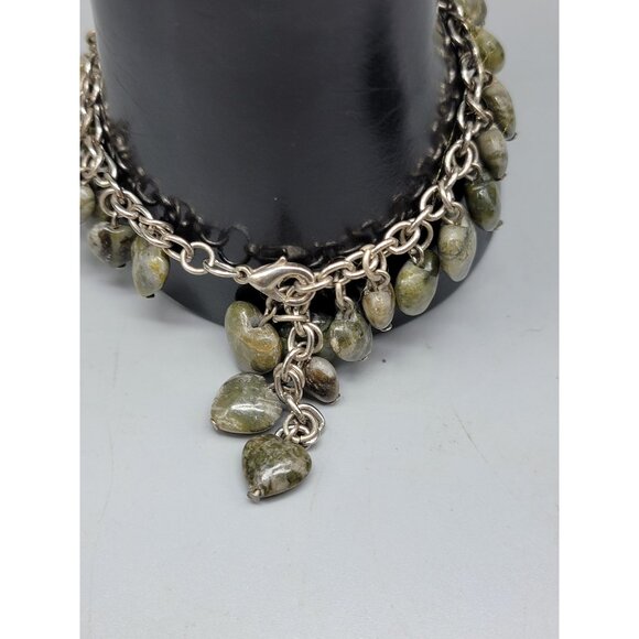 Jadeite Heart Dangling Charm Bracelet Silver Tone Oval Link Chain Adjustable 8" - Picture 6 of 13